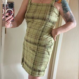 Just Polly New York Plaid Mini Dress Green Brown Square Neck FrontSlit NWT Large